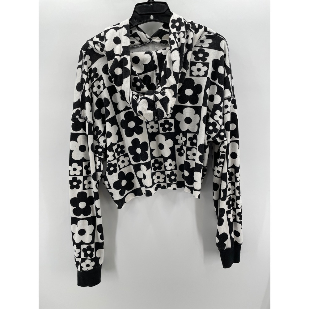 Cropped Hoodie Women Large Black White Retro Floral Check Indie Streetwear Y2K - Picture 2 of 8
